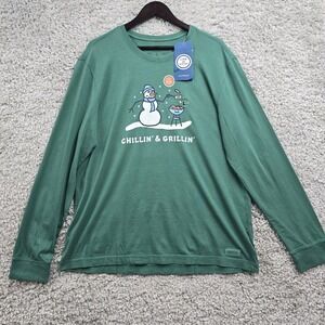 Life Is Good Shirt Mens Large Green Chillin & Grillin Snowman Long Sleeve New